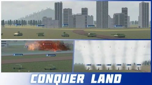 Build and Conquer artwork with tanks, city buildings and explosions